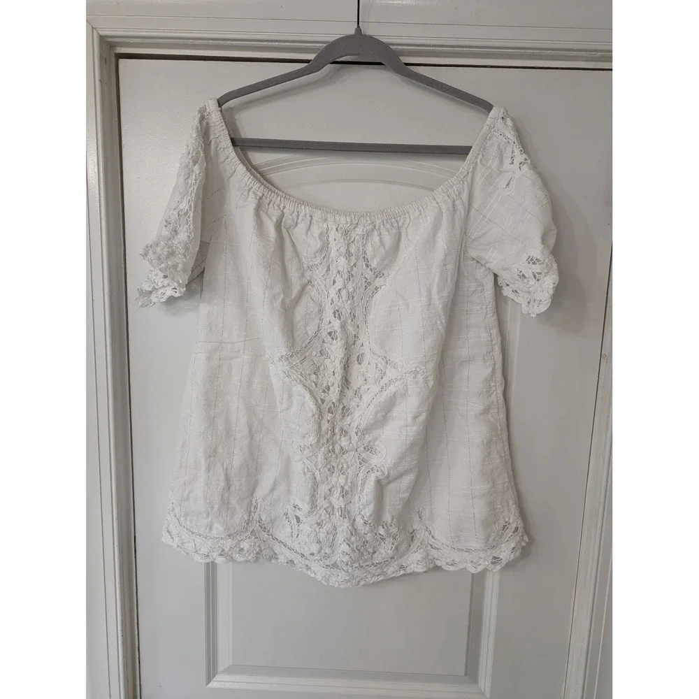 Free People White Crochet Lace Off The Shoulder Boho Top Medium cottagecore